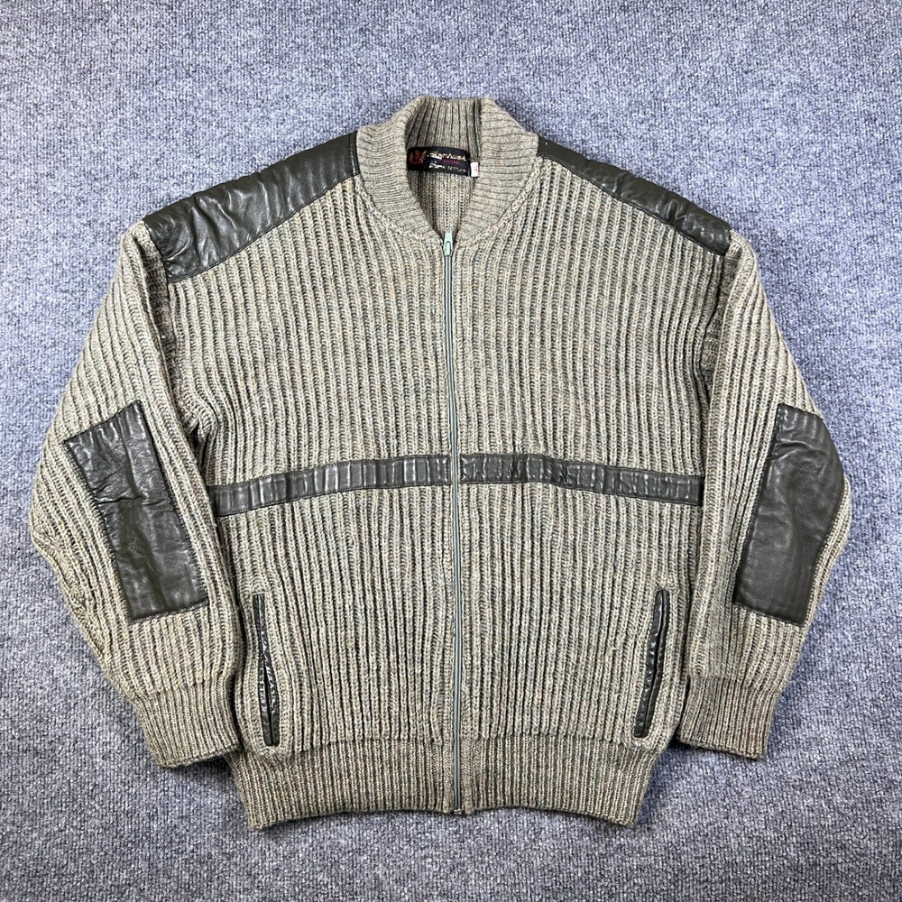 Vintage Glenhusky Sweater Mens L Green Full Zip Wool Commando Made in Scotland